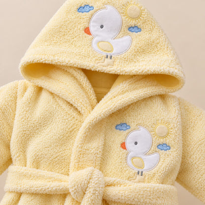 Bata de baño amarilla para bebé con capucha de patito, nubes y sol y cinturón para anudar