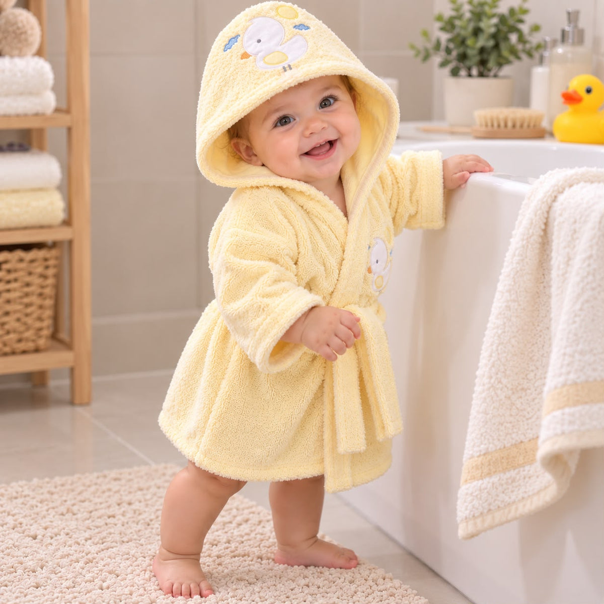 Bata de baño amarilla para bebé con capucha, mangas largas y cinturón