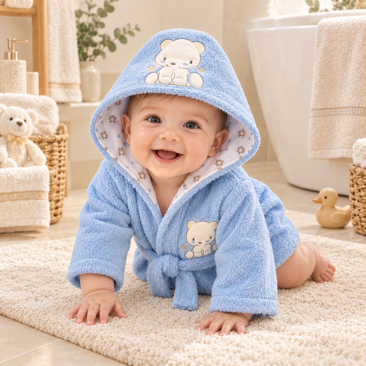 Bata de baño azul claro para bebé con capucha de osito y cinturón para anudar