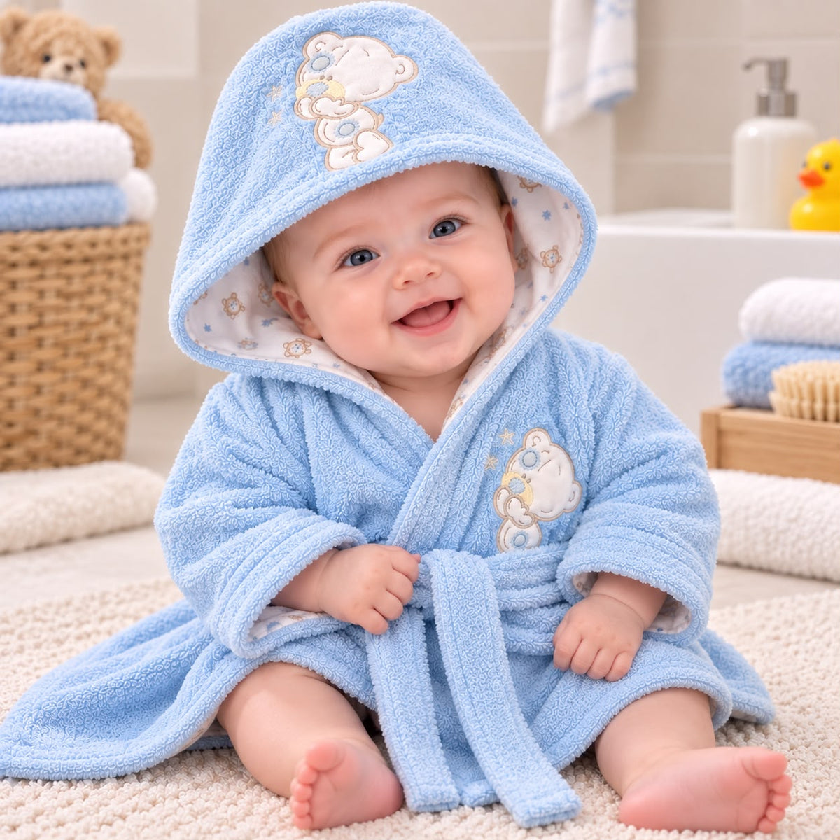 Bata de baño para bebé azul con capucha, cinturón y osito bordado