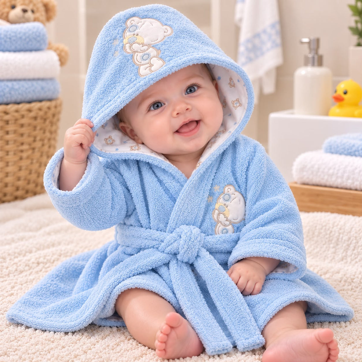 Bebé usando bata azul con capucha y cinturón ajustable