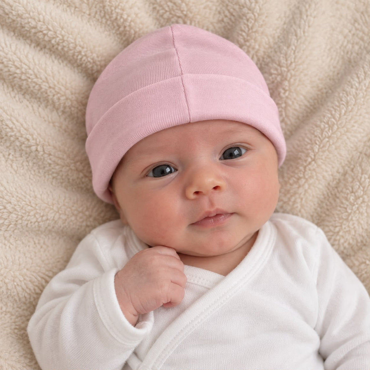 Bebé usando gorro blanco de set de tres gorros básicos para bebé