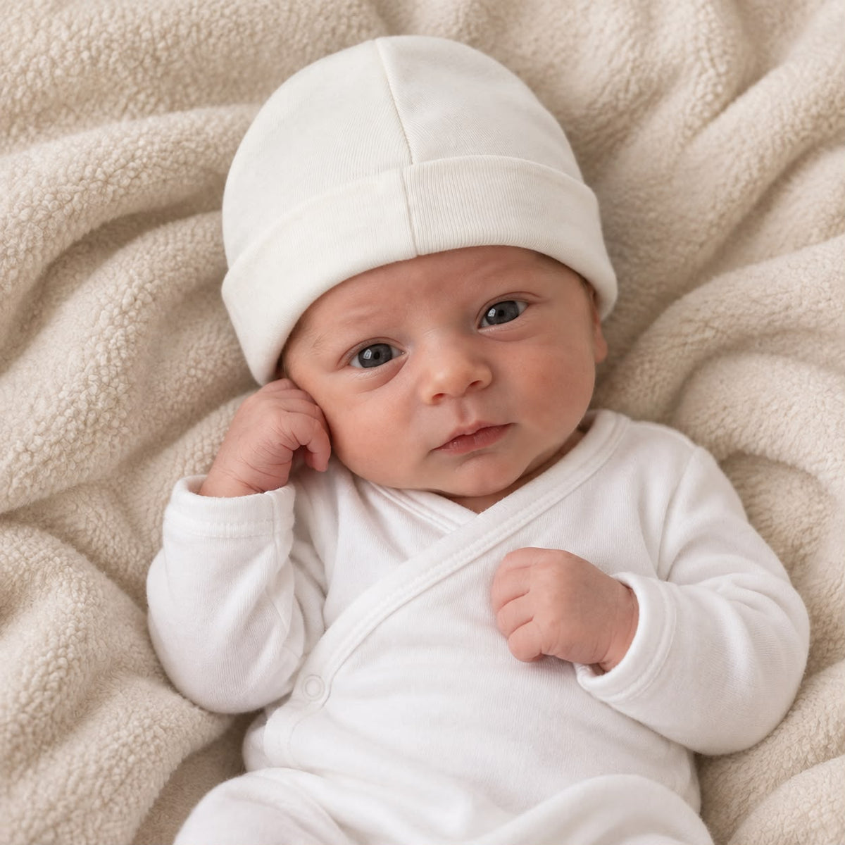 Bebé usando gorro blanco del set Bebé Feliz