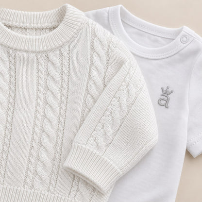 Bebé usando conjunto tejido blanco de cuatro piezas con suéter, pantalón con pie, gorro y body