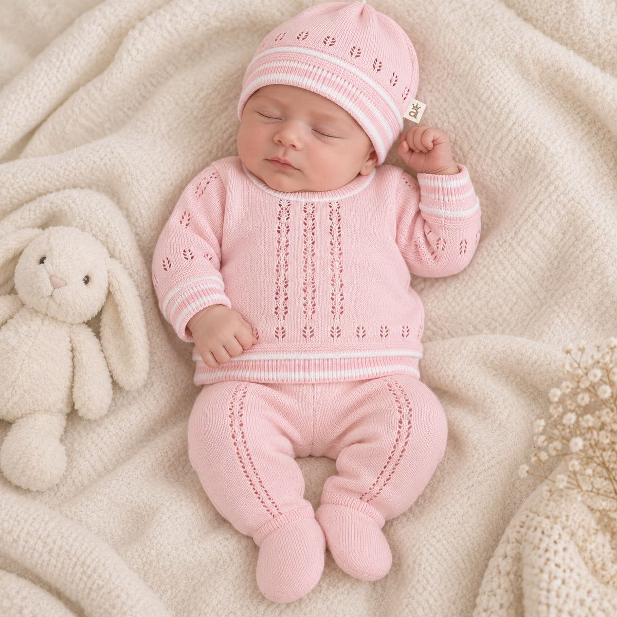 Conjunto rosado para bebé con suéter, pantalón con pie, body blanco y gorro