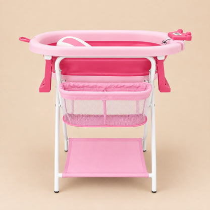 Vista posterior de bañera plegable rosada con soporte alto y canasta lateral