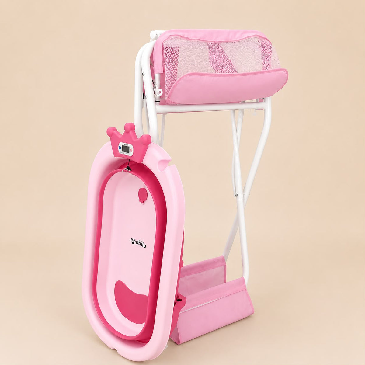 Bañera plegable para bebé con soporte alto en color rosado