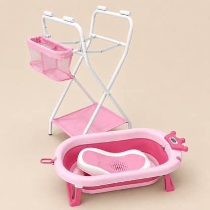 Bañera plegable rosada con asiento reductor, soporte y canasta lateral