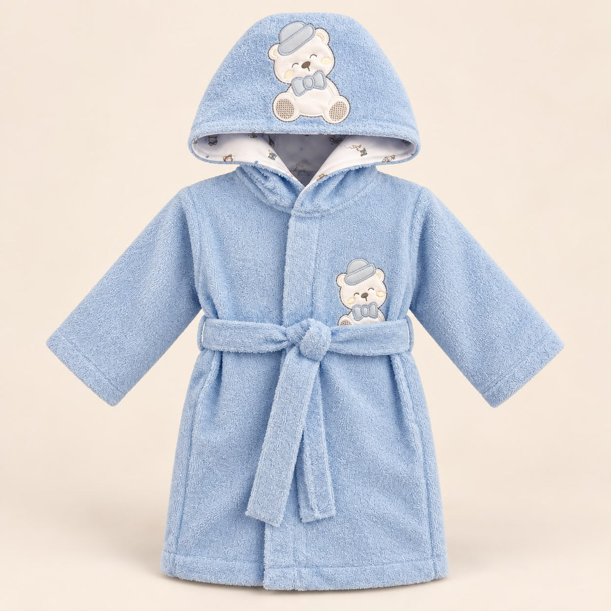 Bata de baño para bebé azul con capucha, cinturón y osito elegante bordado