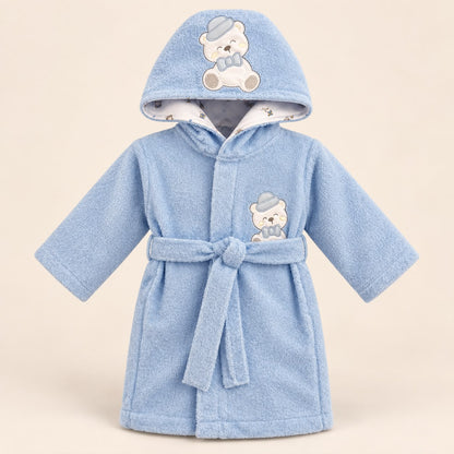 Bata de baño para bebé azul con capucha, cinturón y osito elegante bordado