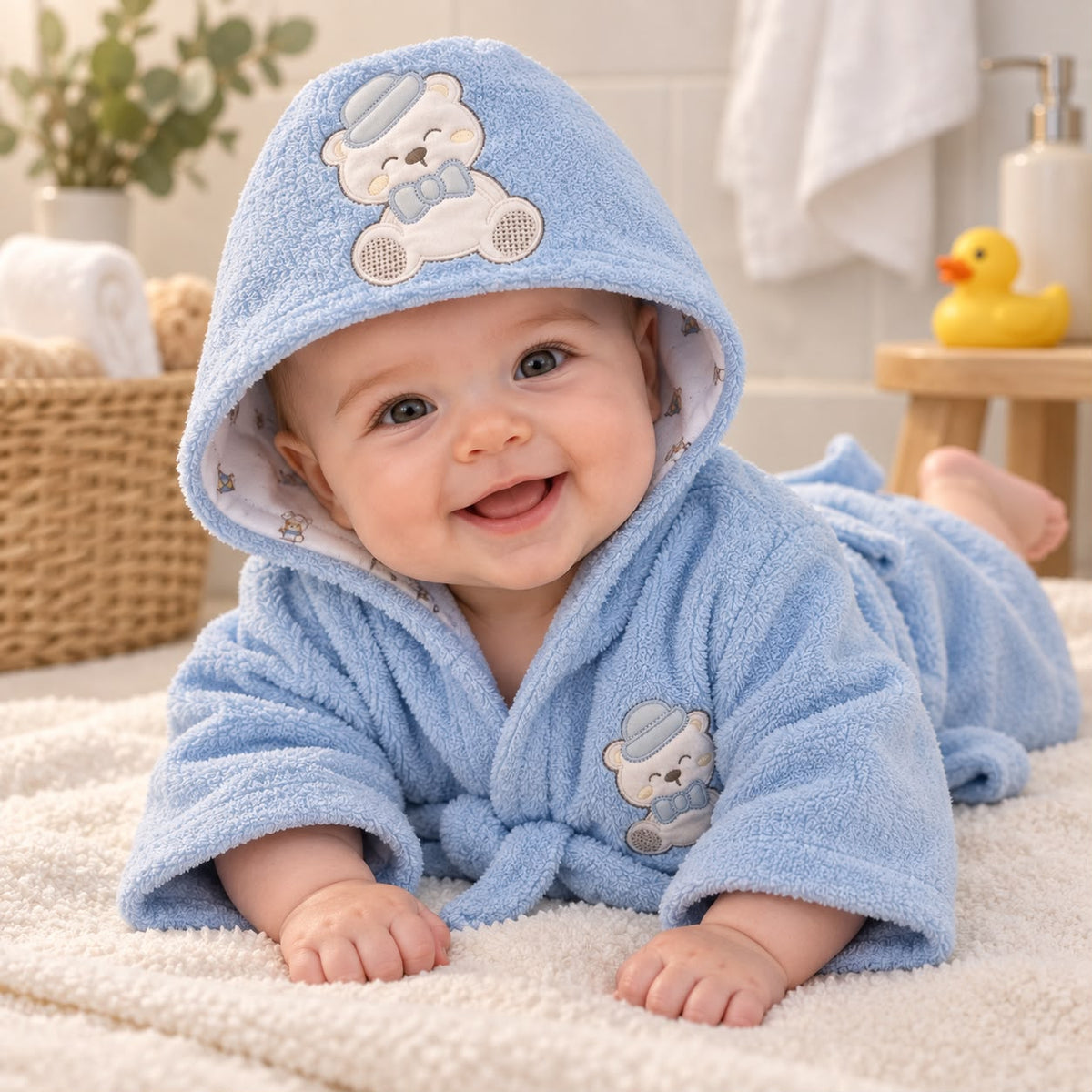 Bebé con bata de baño azul, capucha estampada y osito bordado