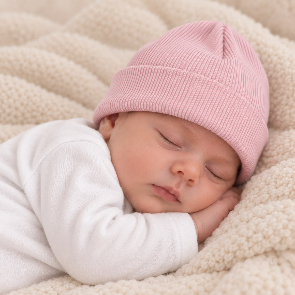 Gorros tejidos acanalados para bebé en colores blanco rosado y crema