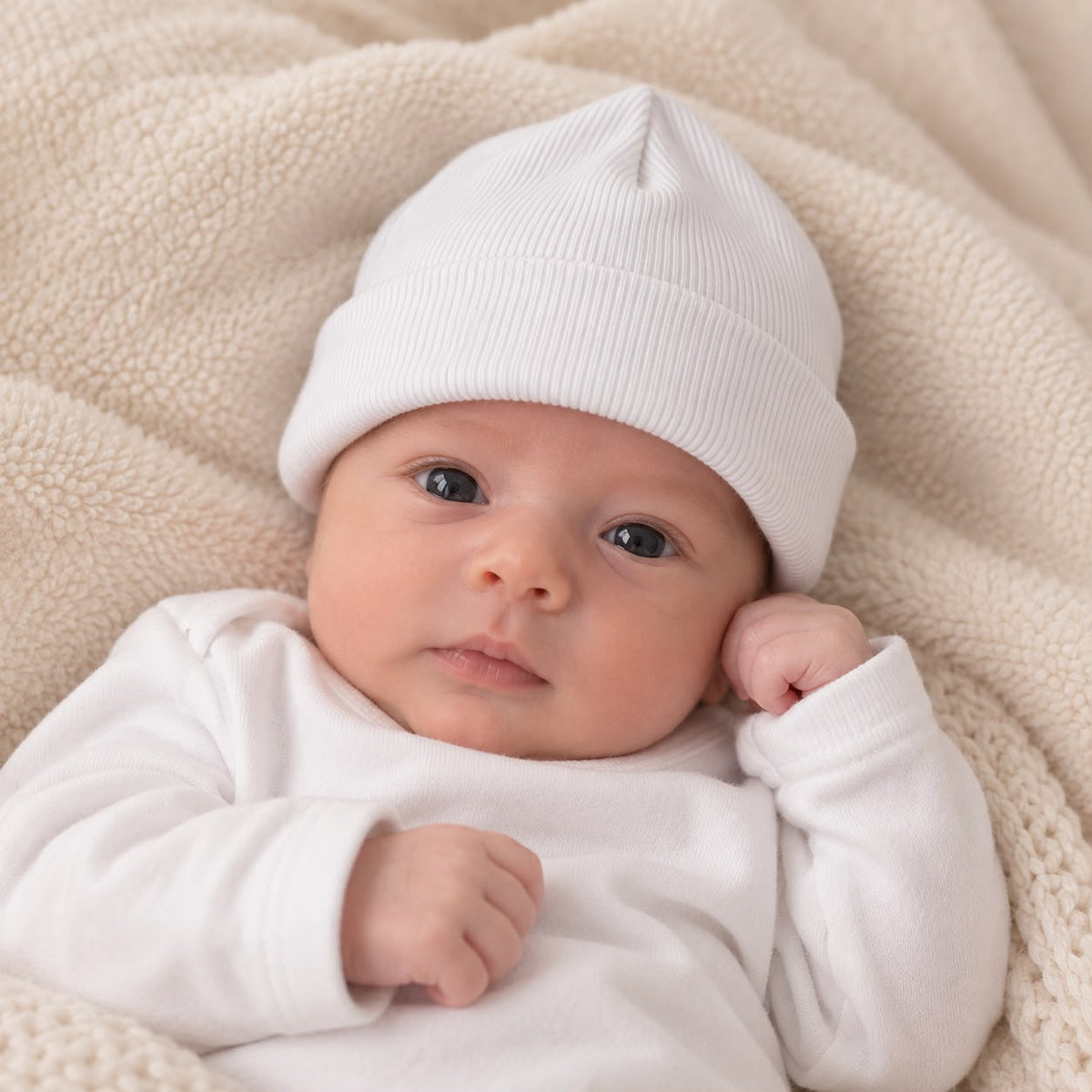Bebé usando gorro tejido acanalado rosado