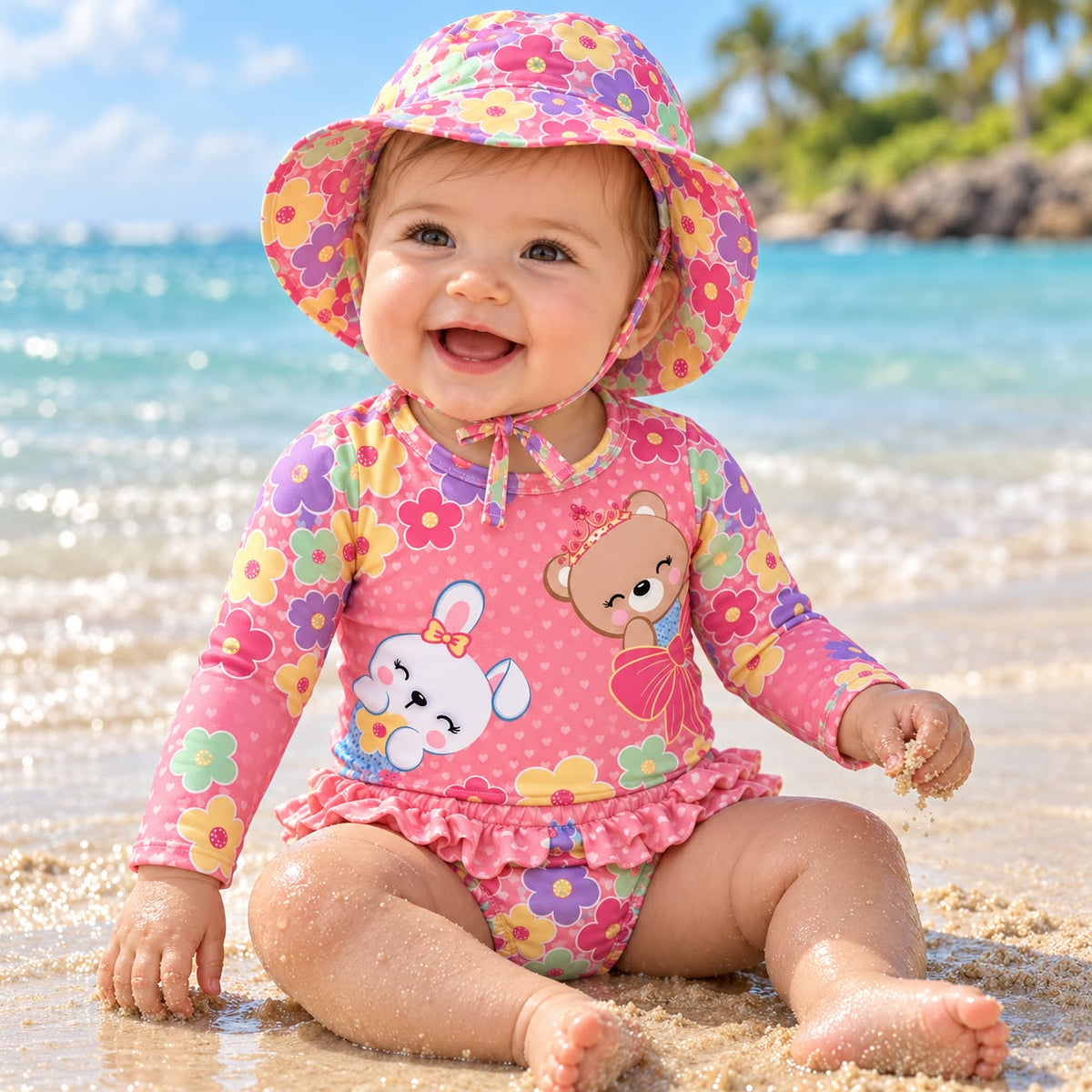 Bebé niña sentada al borde de la piscina con vestido de baño rosado de flores y gorro