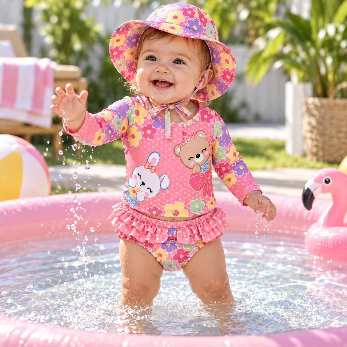 Niña en parque de agua con vestido de baño rosado de flores y gorro a juego