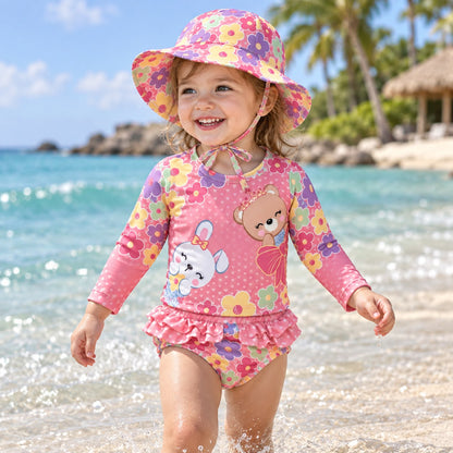 Vestido de baño bebé niña rosado con flores: camiseta manga larga con conejita y osita, calzón con boleros y gorro