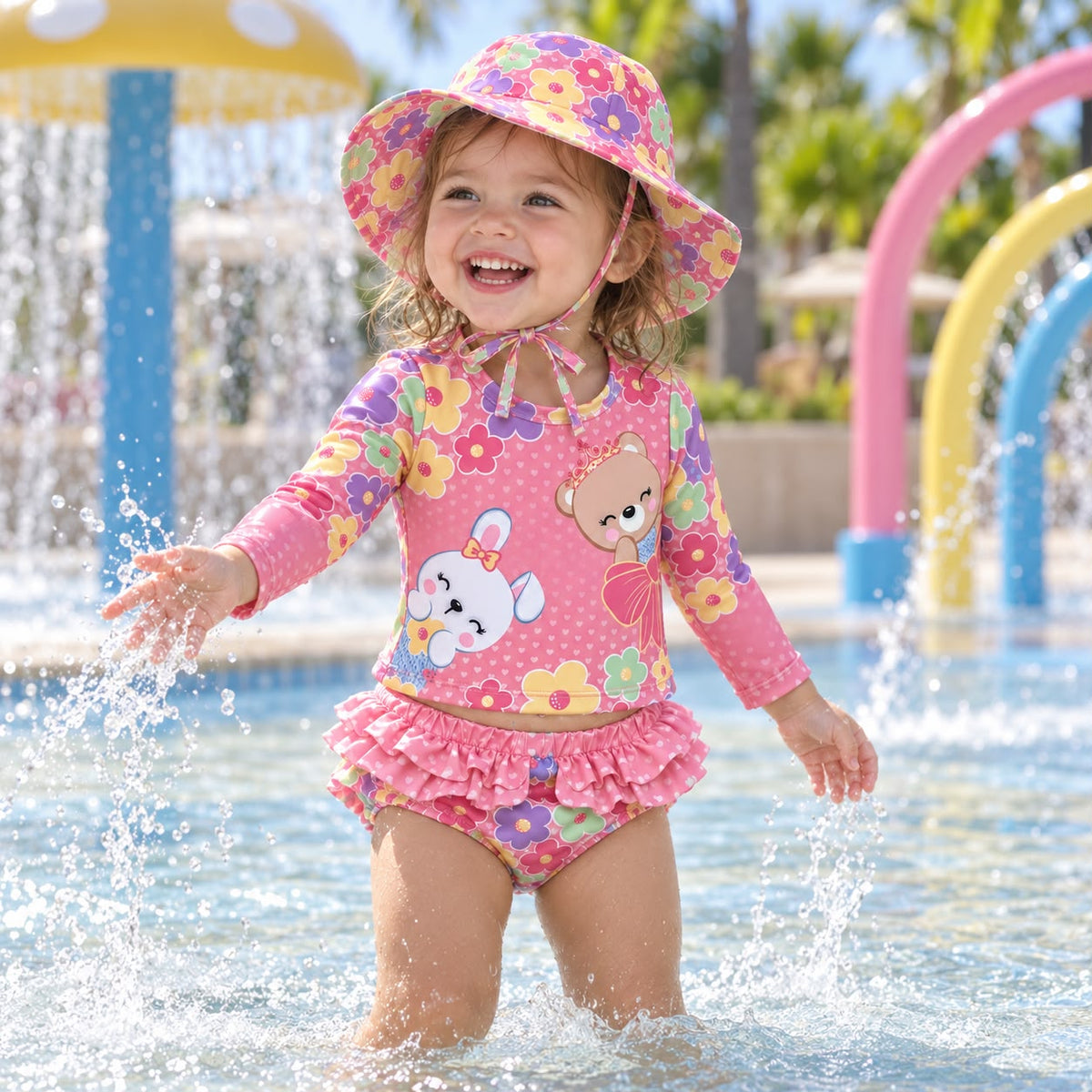 Niña caminando en la playa con vestido de baño rosado de flores y gorro