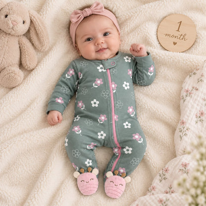 Pijama enterizo bebé niña verde salvia con flores, cierre rosado y pies con abejitas