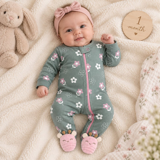 Pijama enterizo bebé niña verde salvia con flores, cierre rosado y pies con abejitas