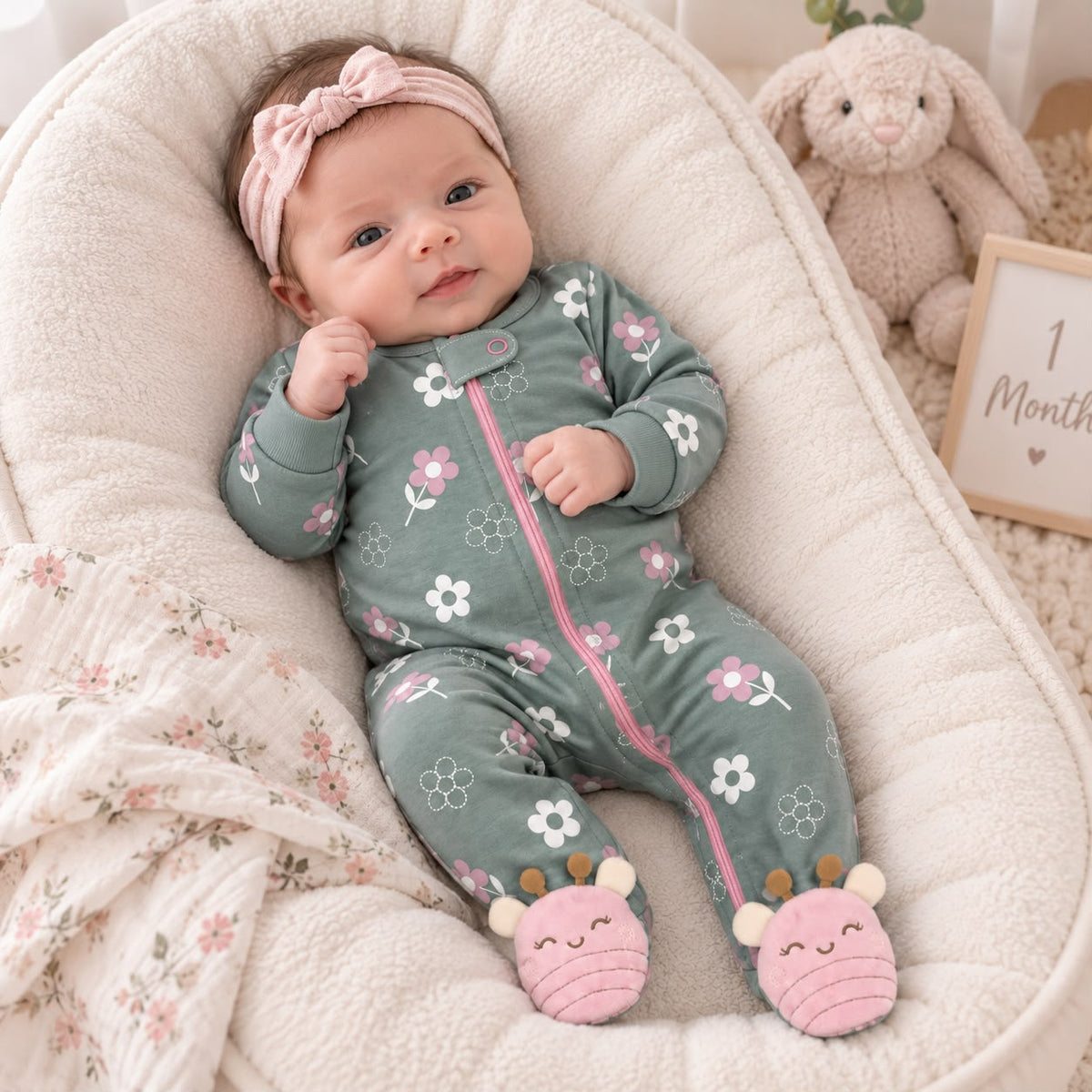 Bebé despierta en nido con pijama enterizo verde salvia floral y diadema rosada