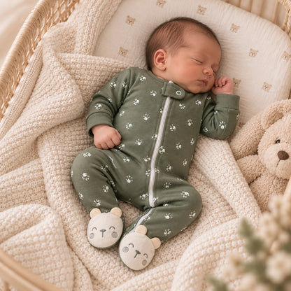 Bebé dormido sobre manta tejida con pijama enterizo verde oliva y oso de peluche
