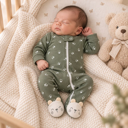 Bebé despierto en moisés con pijama enterizo verde oliva con pies de osito