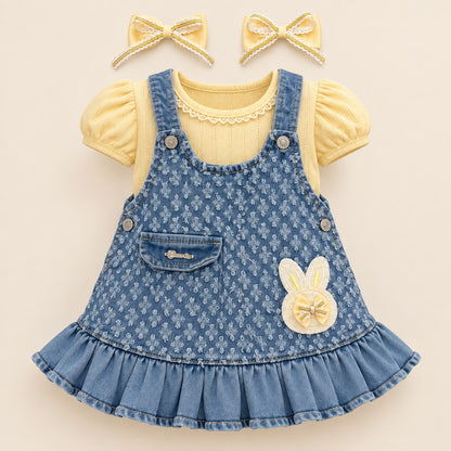 Bebé niña gateando con vestido jardinera denim de conejito, blusa amarilla y moño en el cabello