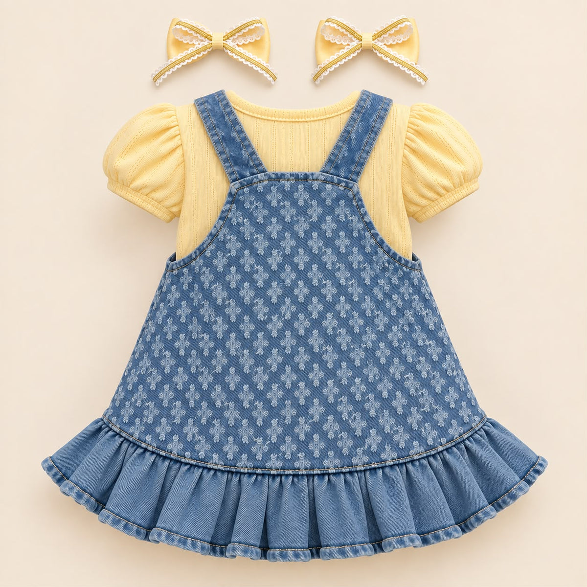 Conjunto bebé niña: vestido jardinera denim con conejito, blusa amarilla de mangas abullonadas y moños para el cabello