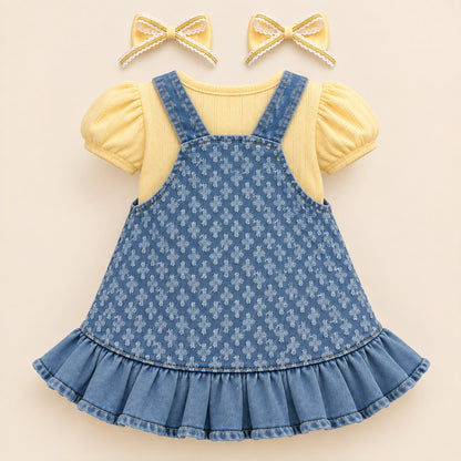 Conjunto bebé niña: vestido jardinera denim con conejito, blusa amarilla de mangas abullonadas y moños para el cabello