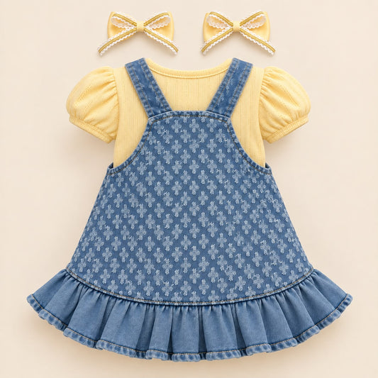 Conjunto bebé niña: vestido jardinera denim con conejito, blusa amarilla de mangas abullonadas y moños para el cabello
