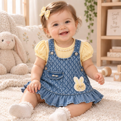 Detalle del aplique de conejito y el bolsillo del vestido jardinera denim con blusa amarilla