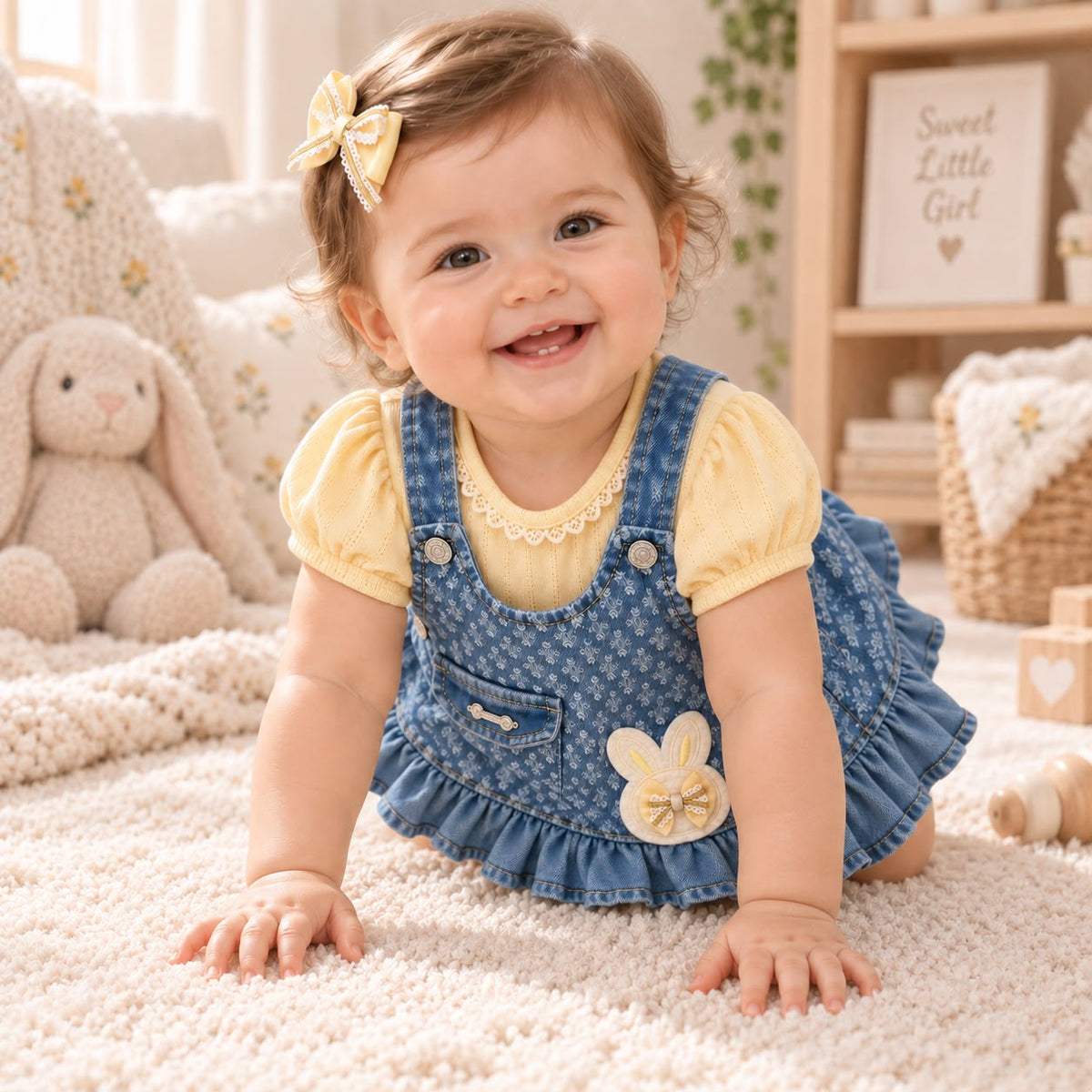 Bebé niña sentada con vestido jardinera denim con conejito y blusa amarilla