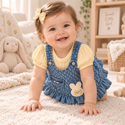 Bebé niña sentada con vestido jardinera denim con conejito y blusa amarilla