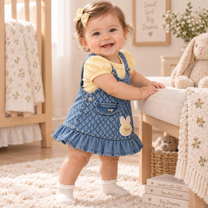 Bebé niña de pie con jardinera denim con conejito, blusa amarilla y moño amarillo