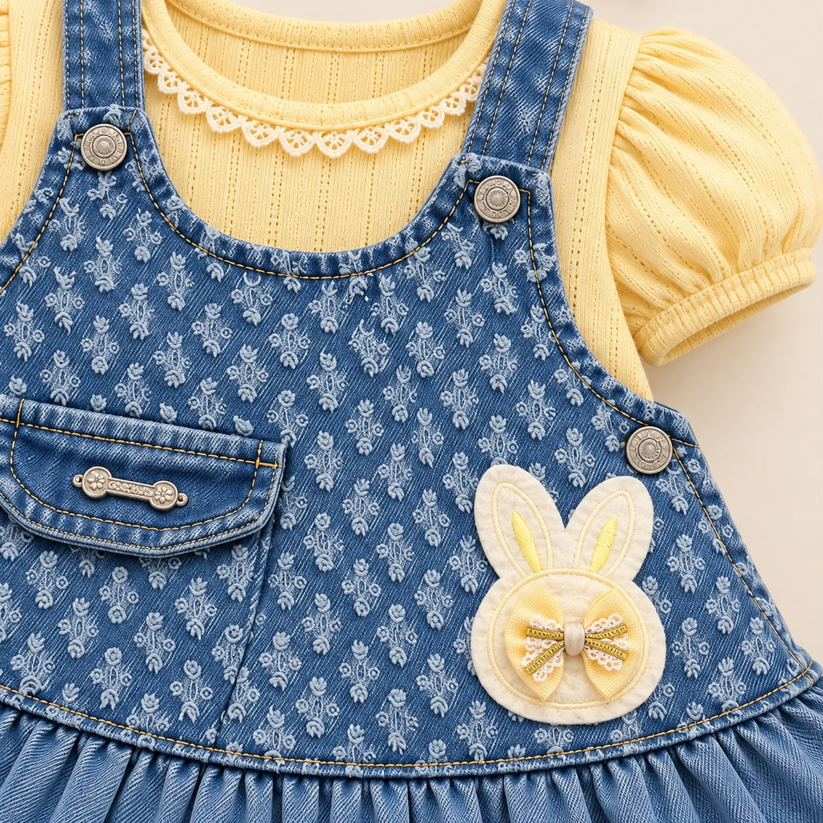 Vista posterior del vestido jardinera denim con ruedo fruncido, blusa amarilla y moños para el cabello