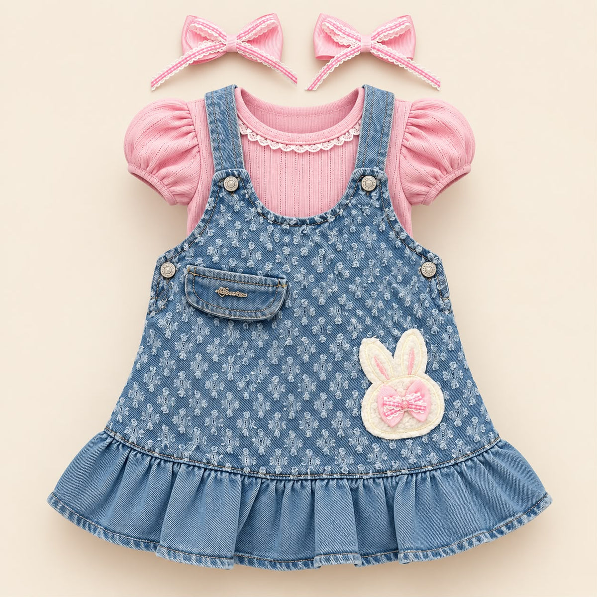 Bebé niña de pie con jardinera denim con conejito y blusa rosa de mangas abullonadas
