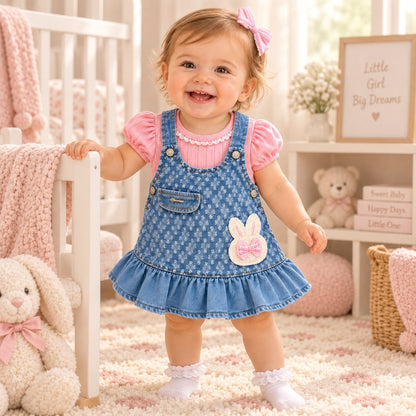 Bebé niña sentada con vestido jardinera denim con conejito y blusa rosa