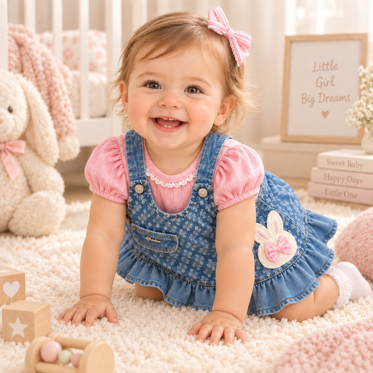 Conjunto bebé niña: vestido jardinera denim con conejito, blusa rosa de mangas abullonadas y moños para el cabello