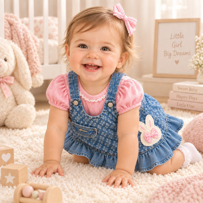 Conjunto bebé niña: vestido jardinera denim con conejito, blusa rosa de mangas abullonadas y moños para el cabello