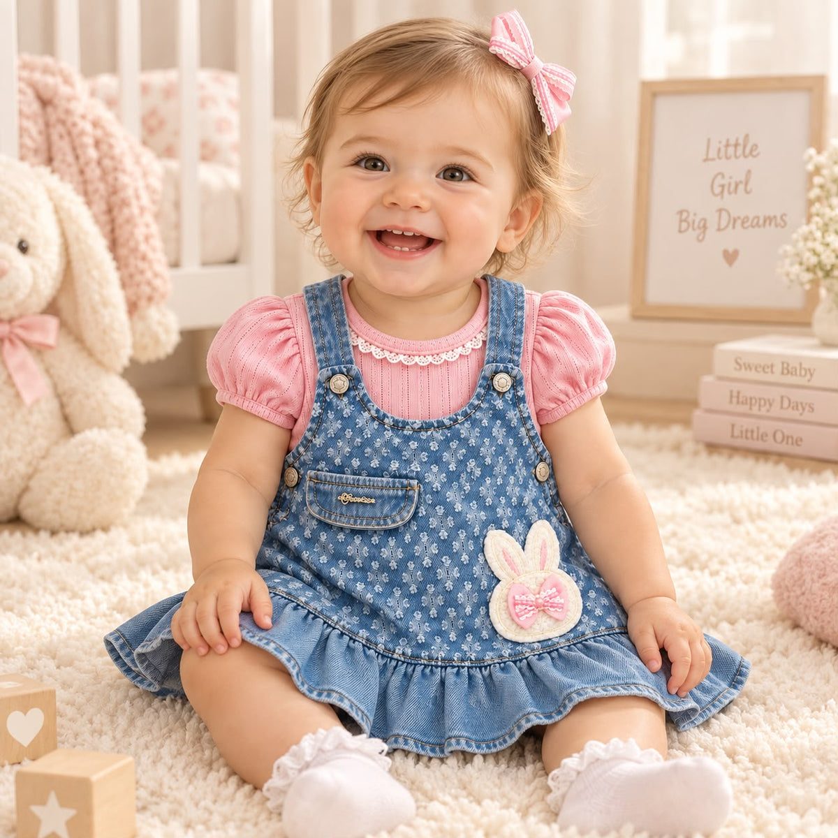 Vestido jardinera denim con florecitas bordadas, aplique de conejito y blusa rosa a juego
