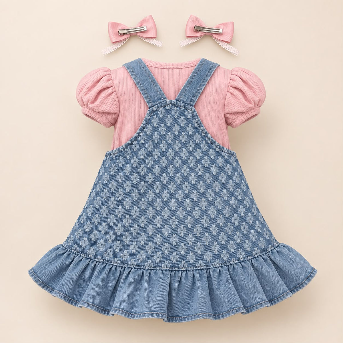 Bebé niña con vestido jardinera denim de conejito, blusa rosa y moño en el cabello