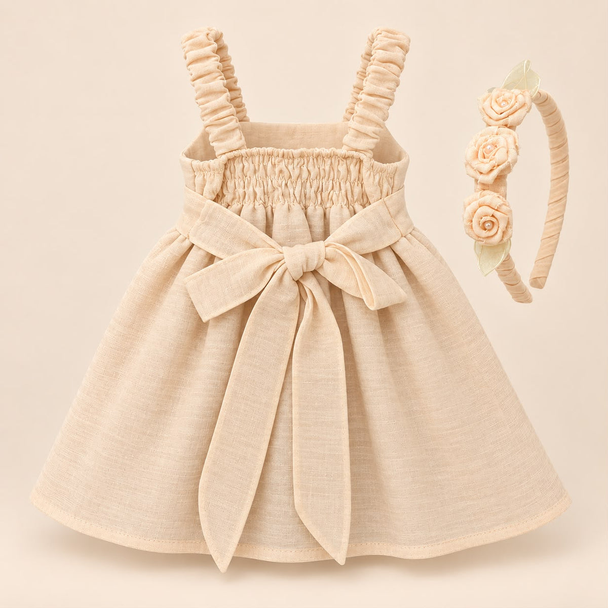 Vestido bebé niña beige lino con rosas aplicadas y diadema a juego