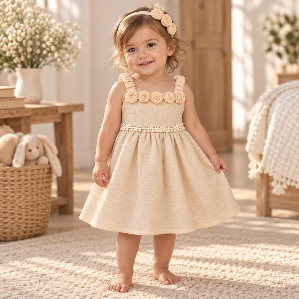 Niña de pie con vestido beige lino de rosas aplicadas y diadema a juego