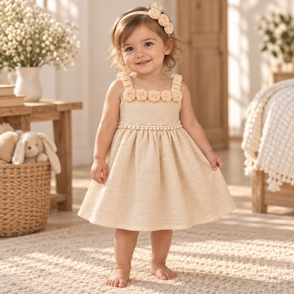 Niña de pie con vestido beige lino de rosas aplicadas y diadema a juego