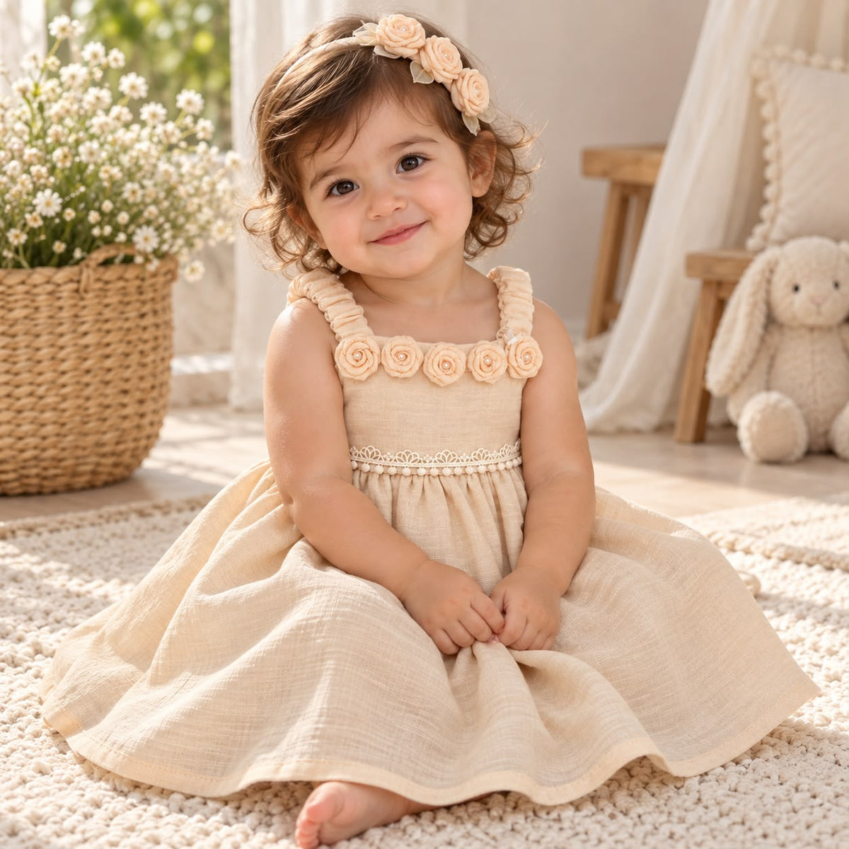 Niña sentada con vestido beige lino de rosas y diadema a juego