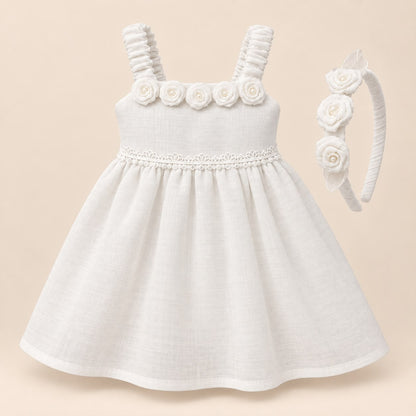 Vestido bebé niña blanco marfil con rosas aplicadas y encaje con perlas, junto a diadema a juego