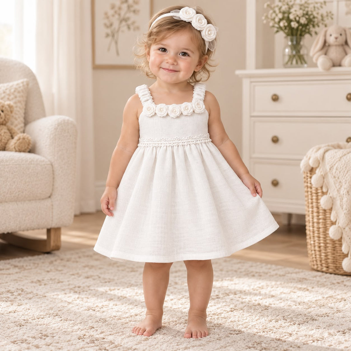Niña con vestido blanco marfil de rosas aplicadas y diadema a juego