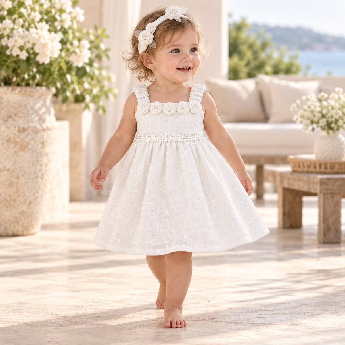 Niña sentada con vestido blanco marfil de rosas y diadema