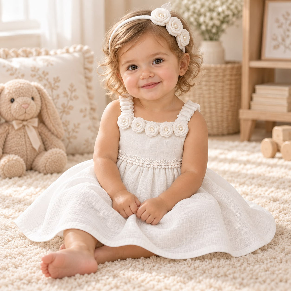 Niña de pie con vestido blanco marfil de ocasión y diadema de rosas