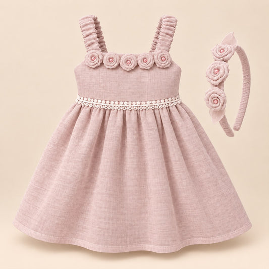 Vestido bebé niña rosa palo con rosas aplicadas y ribete de perlas, con diadema a juego